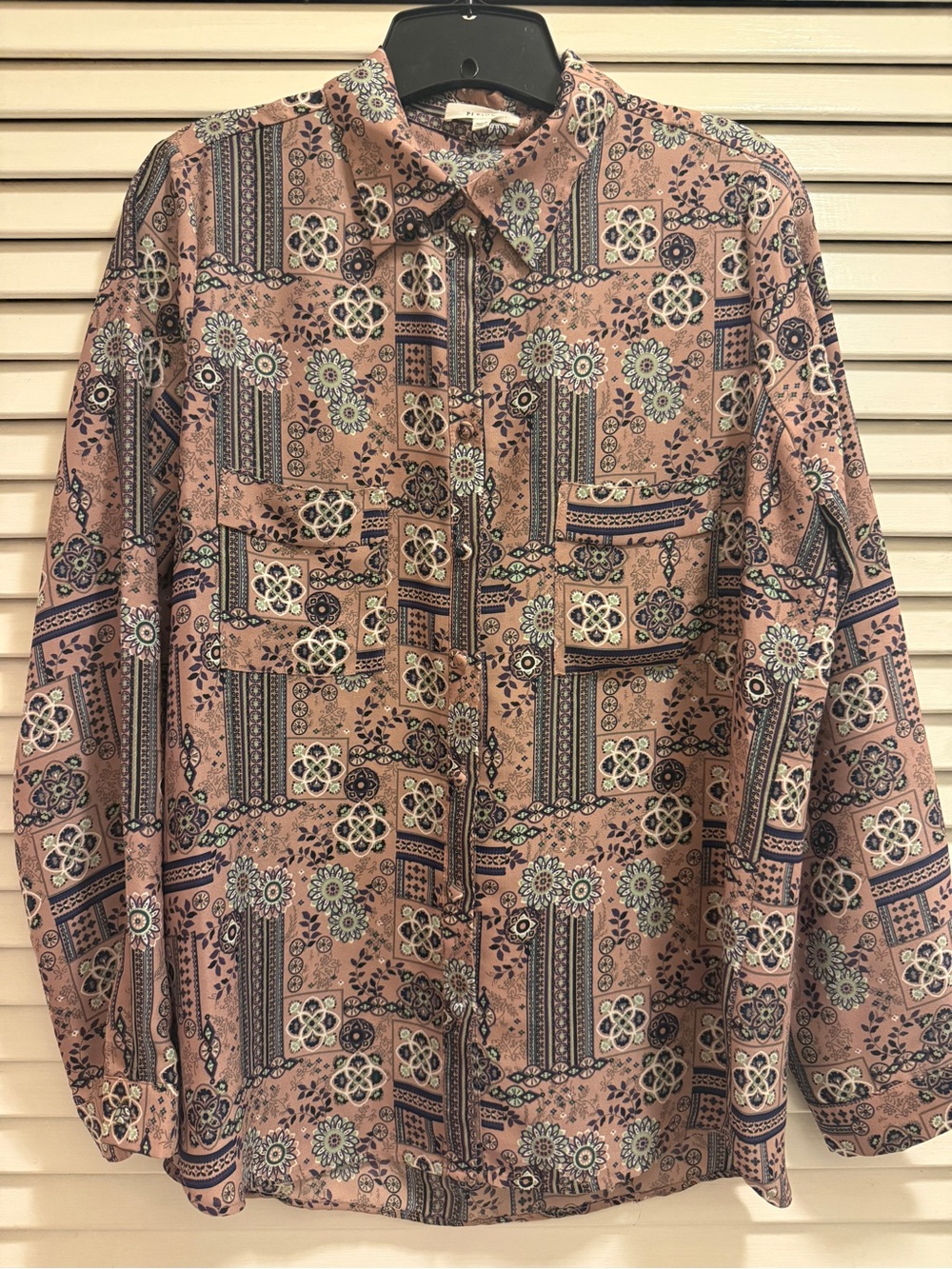 Pleione Pink and Navy Geometric Floral Button-Down Shirt